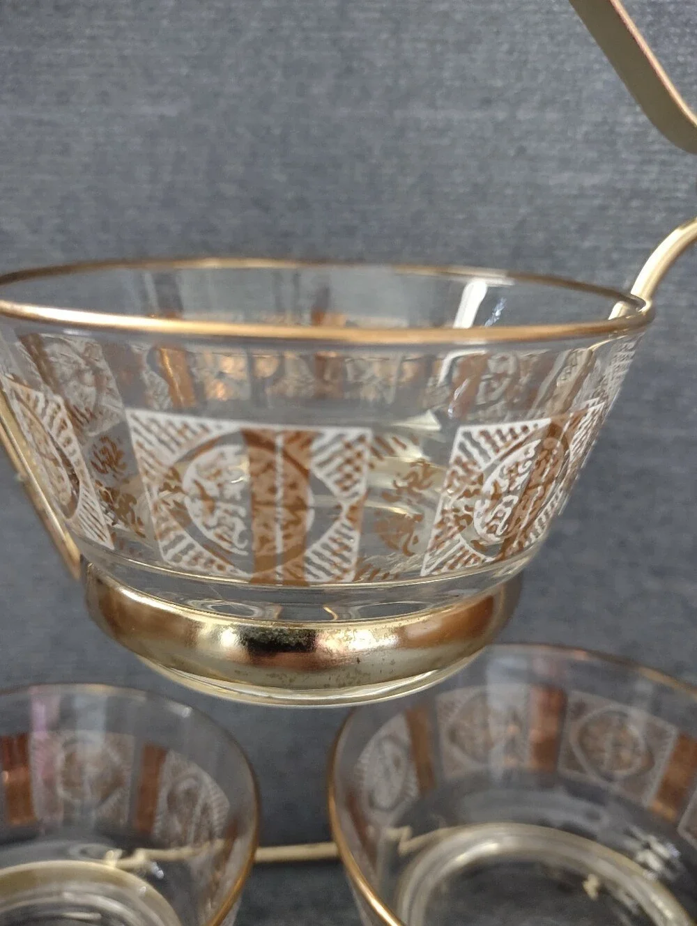 MCM Libbey Gold Metal Caddy Rack 3 Glass Bowls 22 Karat Gold Detail